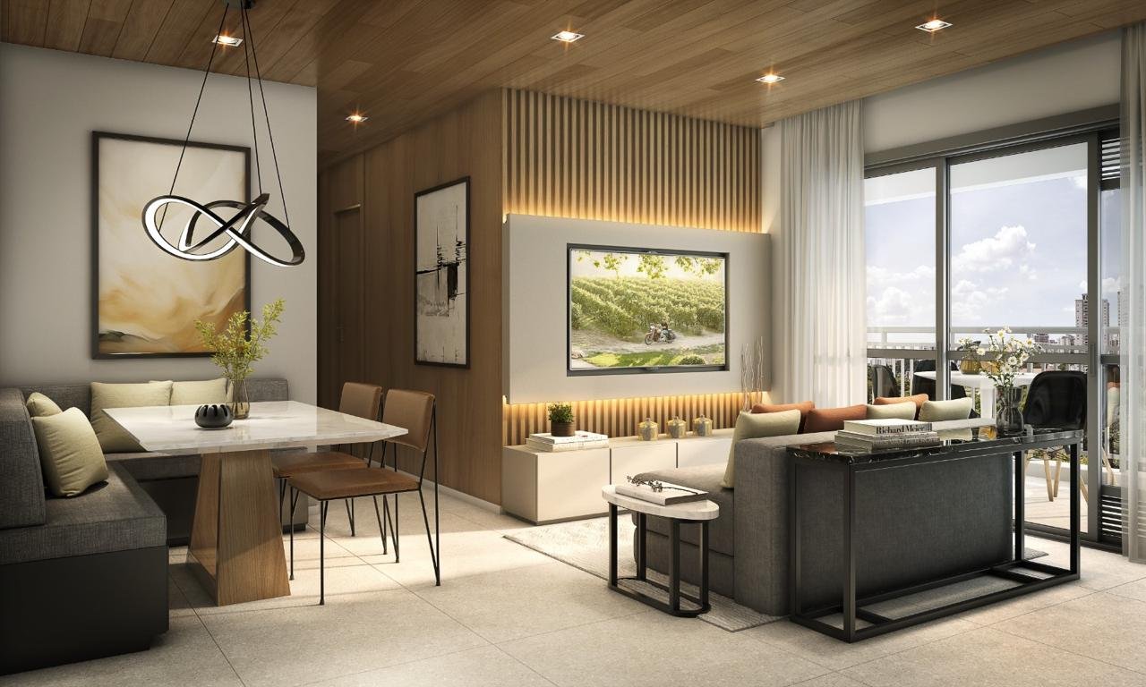 Sala com painel de madeira e acesso à varanda