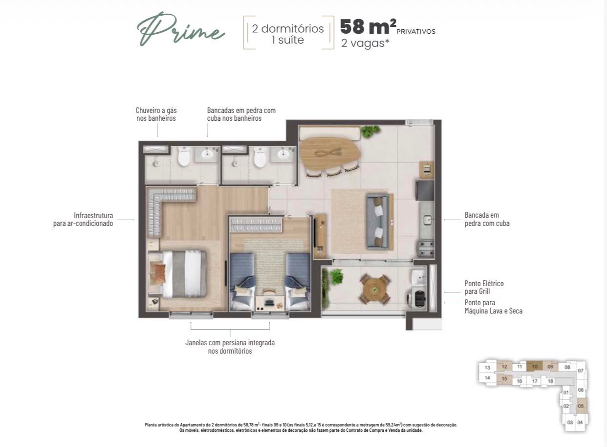 Planta Prime de 58 m², com 2 dormitórios, do Dom Parque