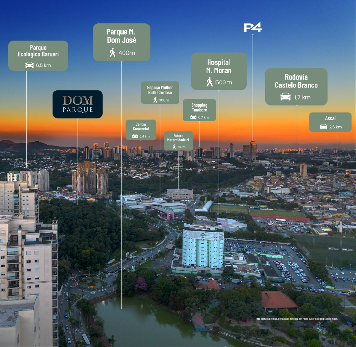 Vista aérea do entorno do Dom Parque com distâncias até o parque, o hospital e a Castelo Branco